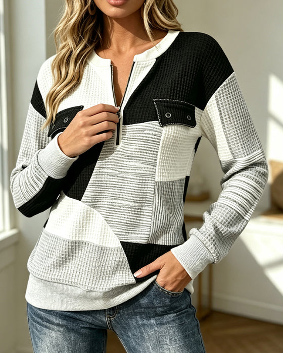 Sweatshirt Vaffel Farveblok Lynlås