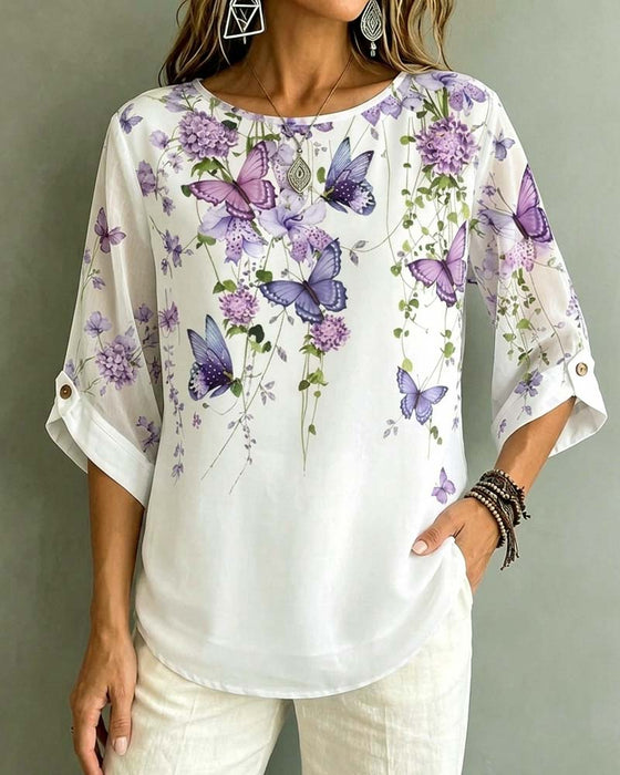 Bluse Rundhalset Sommerfugl Blomstret