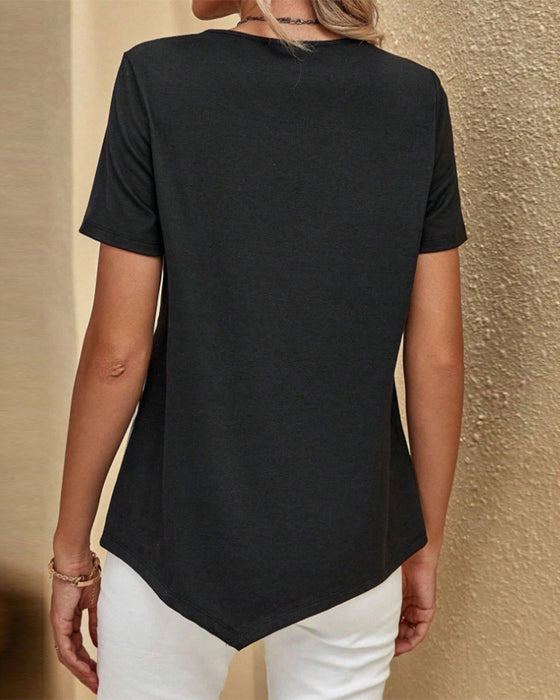 Rundhalset farveblokstribet bluse