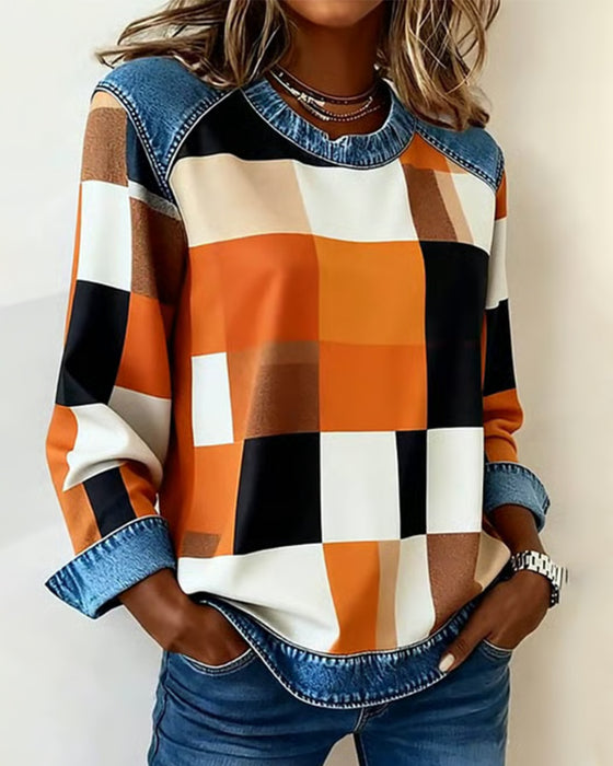 Sweatshirt Med Ternet Patchwork Og Kontrastfarve