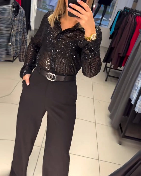 Button-Down Skjorte Med Pailletter I Revers