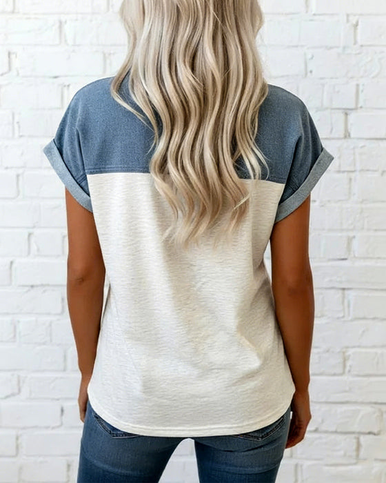 T-Shirt Knappet Patchwork Nedadvendt Krave