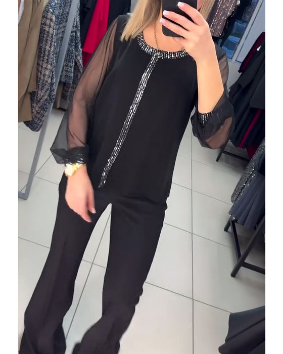 Bluse Pailletter Panel Langærmet