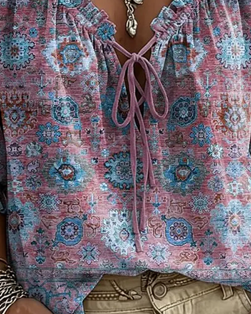 Bluse V-Hals Bindebånd Vintage Tryk
