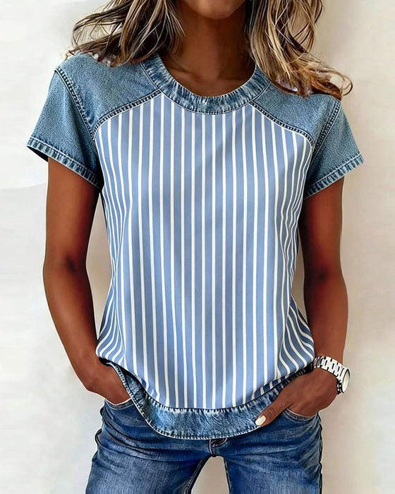 T-Shirt Denim Patchwork Stribet Kort Ærme