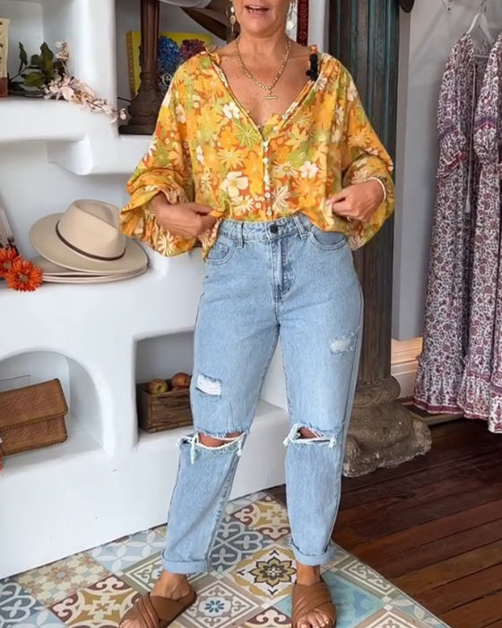 V-halset bluse med blomsterprint