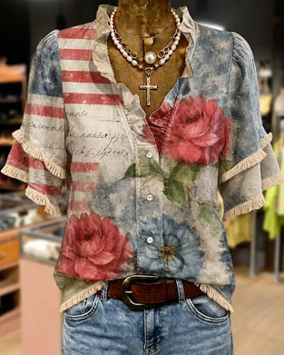 Blomstret Bluse Med Rufflekant