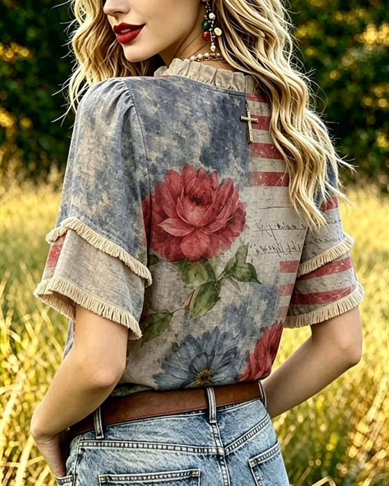 Blomstret Bluse Med Rufflekant