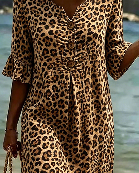 Kjole Leopardprint V-Udskæring Flæse