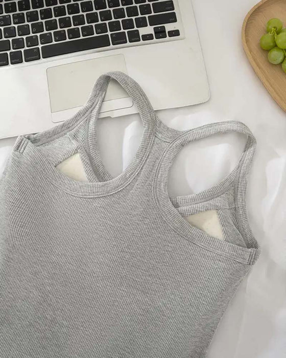 Tanktop Indbygget Bh Ribstrikket Ensfarvet
