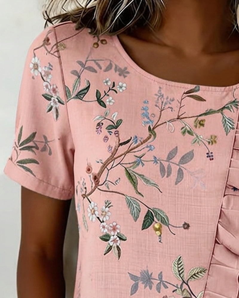 Bluse Rundhals Korte Ærmer Rynke Blomstret