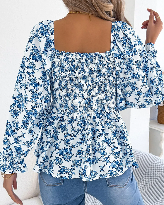 Bluse Firkantet Hals Rynket Blomstret Ruffle