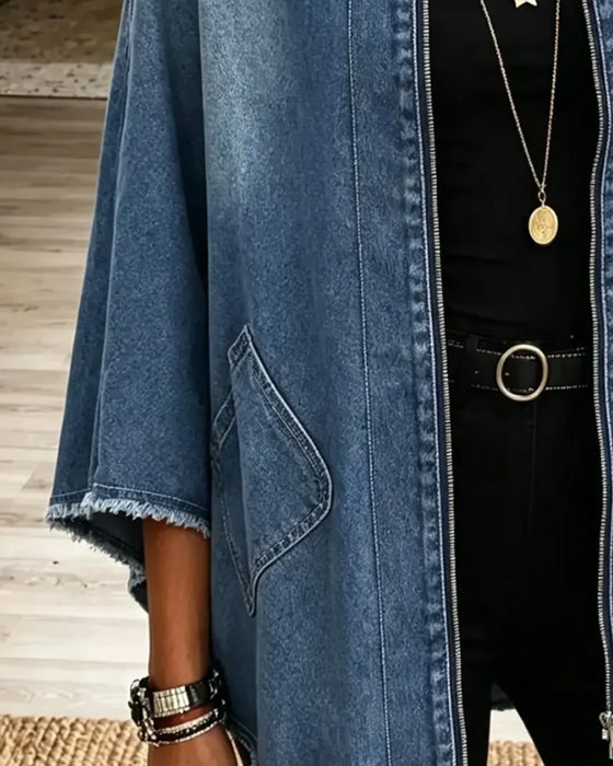 Frakke Revers Lynlås Frynser Denim
