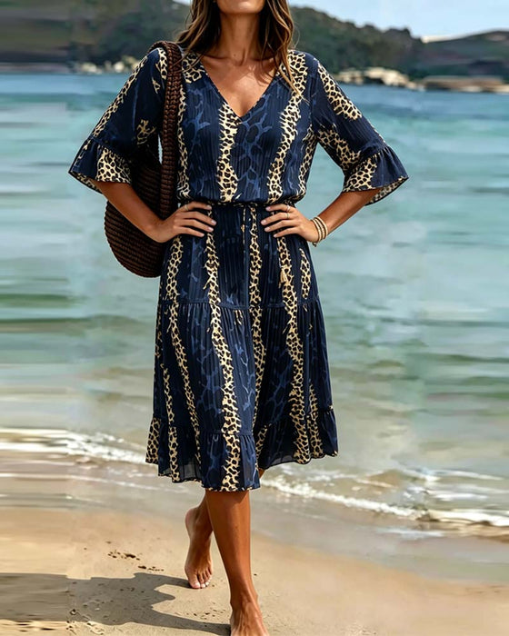 Kjole V-Hals Leopard Patchwork Midi Ferie