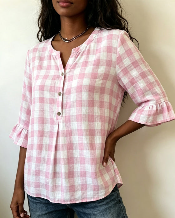 Bluse V-Hals Knap Foran Rutet Ruffle