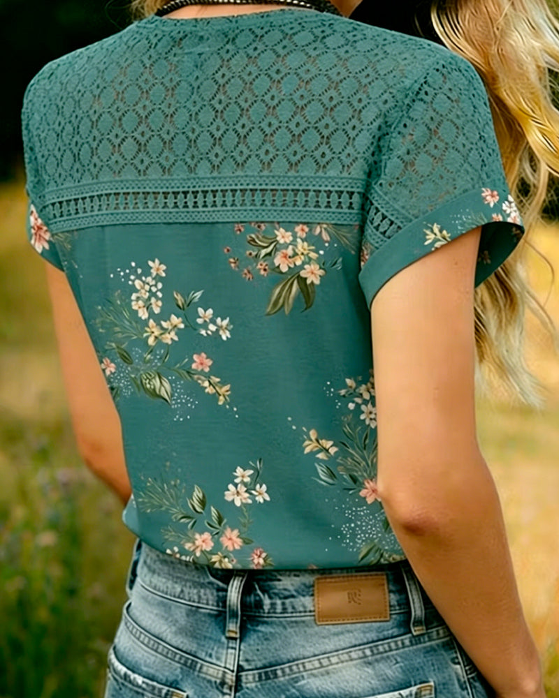 T-Shirt Udskæring Patchwork Kort Ærme