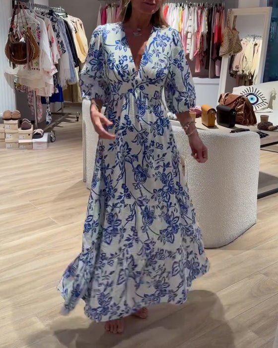 Kjole Dyb V-Hals Elegant Blomstret Lang