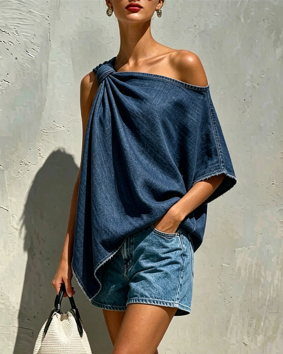 Bluse Denim Knude Én Skulder