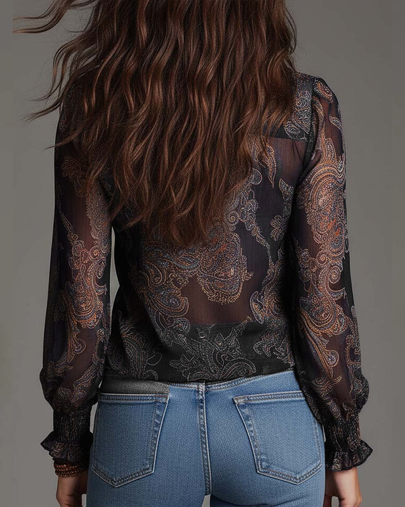 Bluse Halvlås Rynke Retro