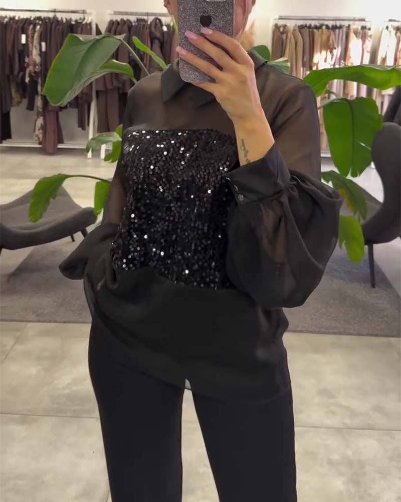 Bluse Ensfarvet Puffærme Krave