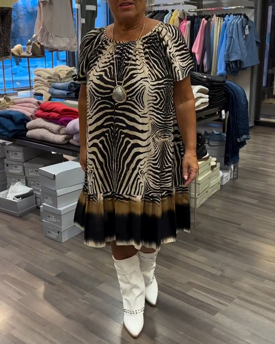 Kjole Løs Rund Hals Kort Ærme Printet