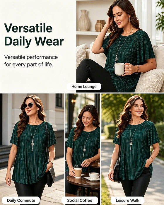T-Shirt Plus Size Solid Plisseret Kort Ærme