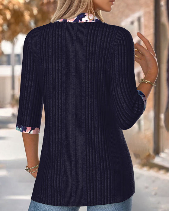 Bluse Med Revers Trekvartærme Kontrastfarve