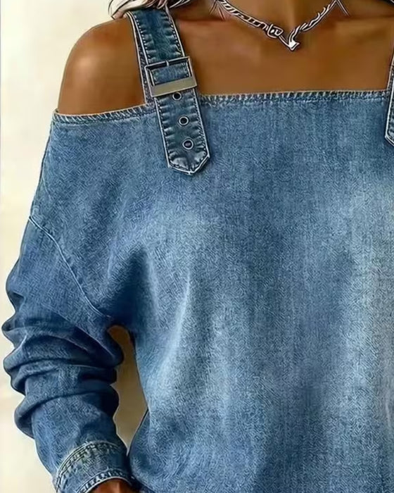 Bluse Spagettibånd Off-Shoulder Denim Metal Knap