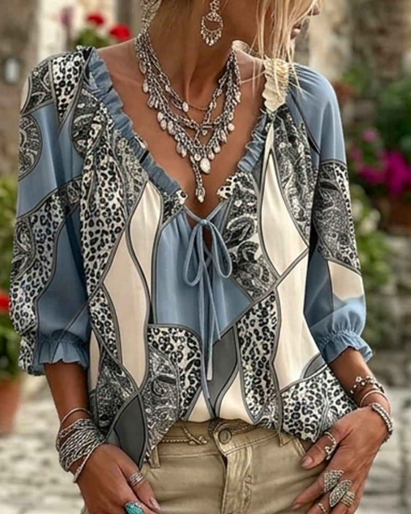 Bluse V-Hals Leopard Pufærme Bind
