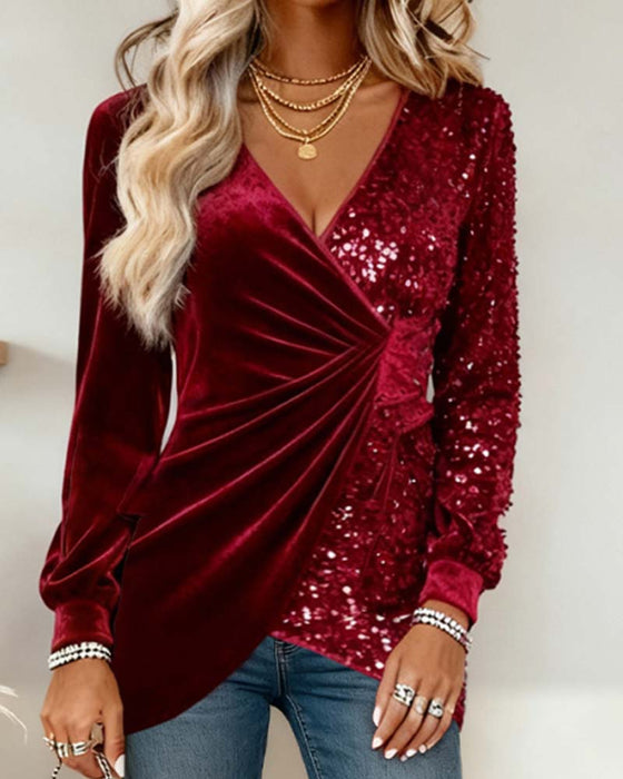 Top Rynket Kors Design V-hals Glitter Stumpearbejde