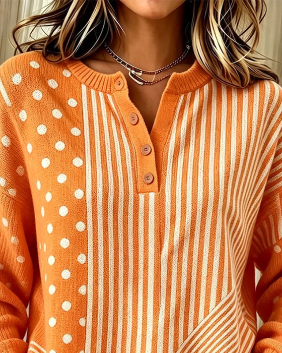 Pullover Knap Foran Stribe Prikket Drop Skulder Strikket