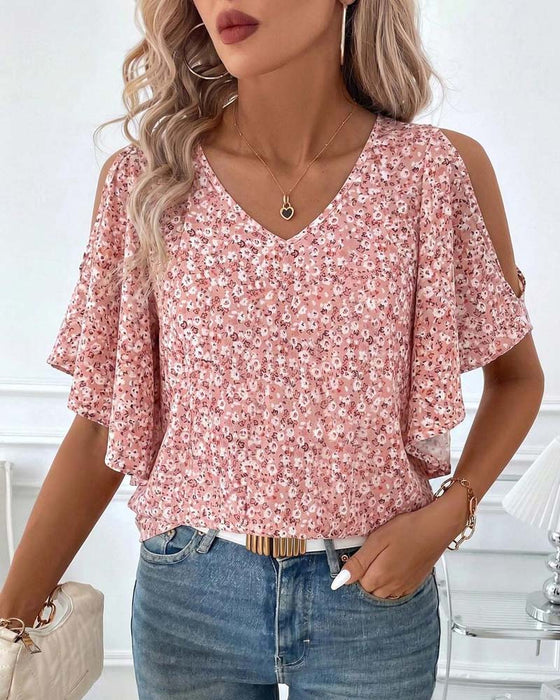 Bluse V-Hals Blomstrende Off-Shoulder Flutter Ærme