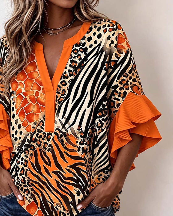 Bluse Zebra Leopard Tryk Ruffle Ærme