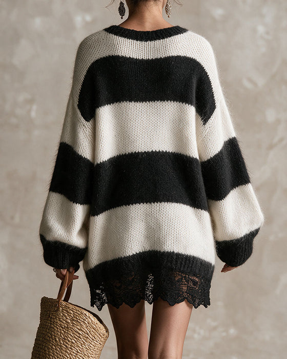Sweater Kjole V-Hals Stribet Blonde Patchwork