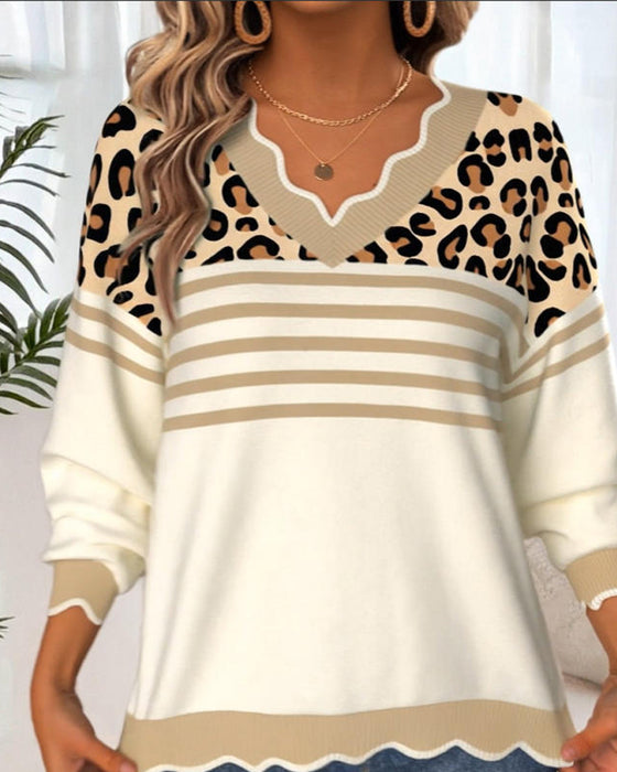 Sweater V-Hals Leopardprint Kontrast