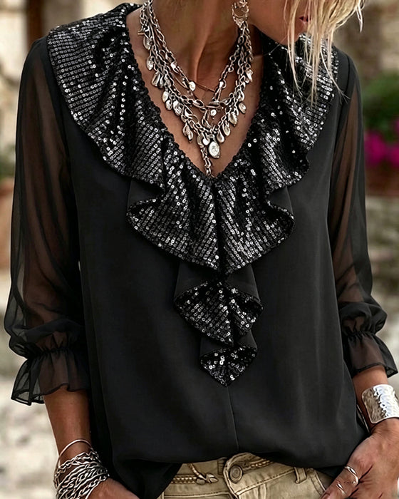 Bluse Stilfuld V-Hals Blondekant Sheer