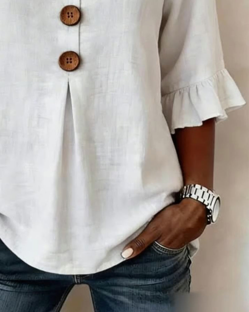 Bluser Ensfarvet Bomuld-Hør Træknapper Rynker