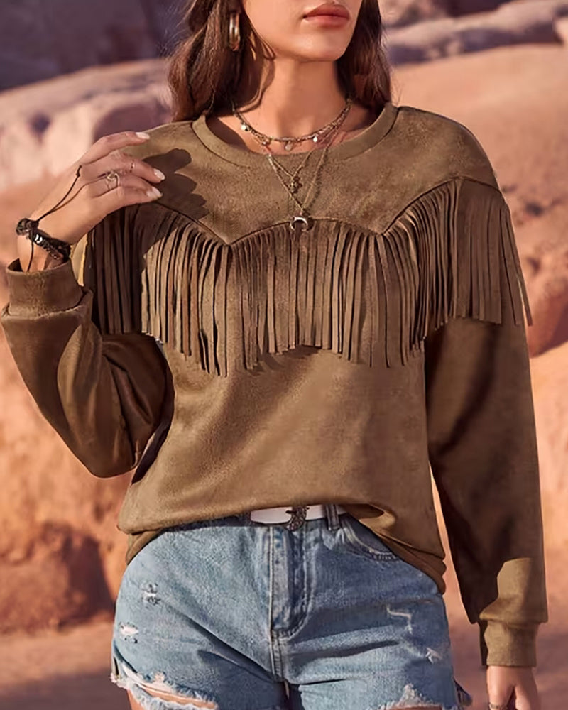 Langærmet Top I Enfarvet Med Crewneck