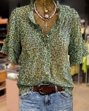 Bluse Grøntone Leopard Tryk Ruffle
