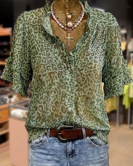 Bluse Grøntone Leopard Tryk Ruffle