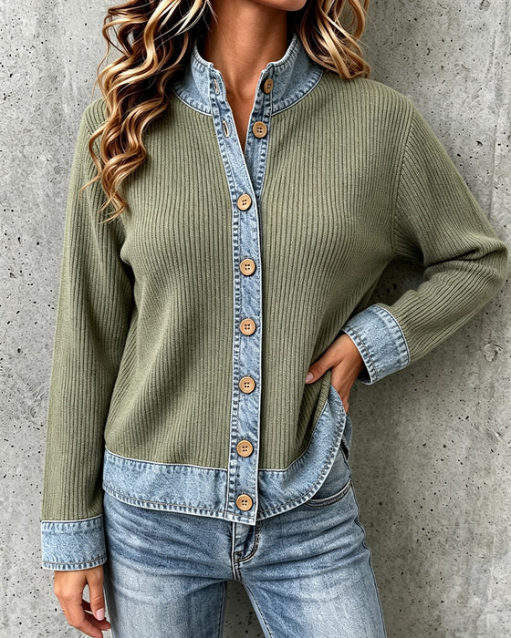 Frakke Afslappet Denim Panel Strikket
