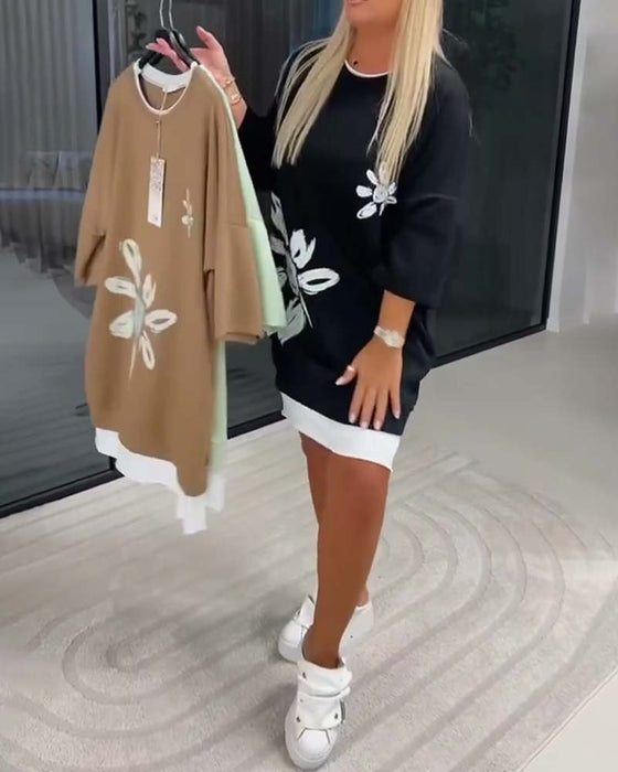 Sweatshirtkjole Rund Hals Trykt Patchwork