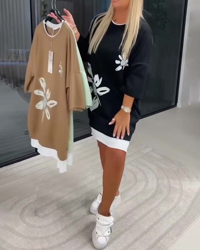 Sweatshirtkjole Rund Hals Trykt Patchwork