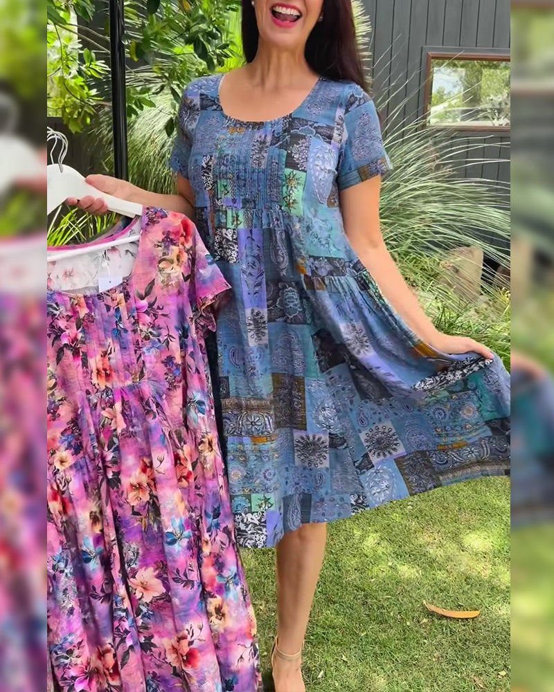 Kjole Rund Hals Plisseret Trykt A-Linje