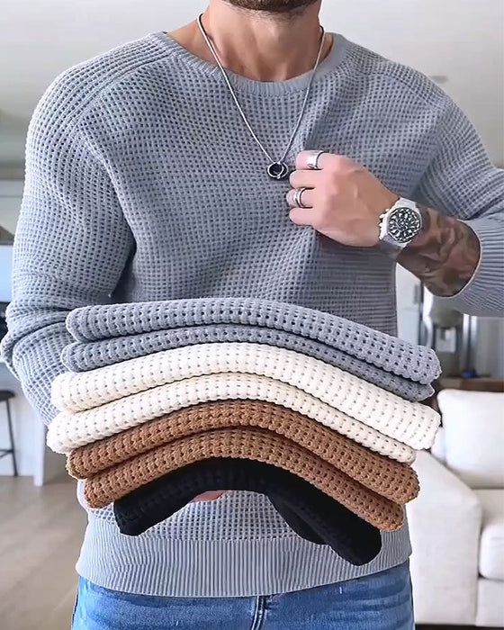Pullover Herre Rund Hals Vaffel Langærmet