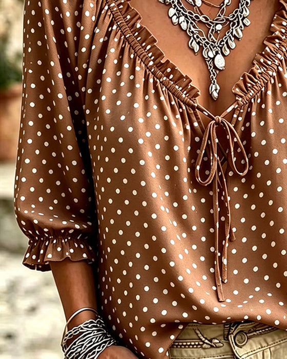 Bluse V-Hals Ruffle Polka Dot Bindebånd