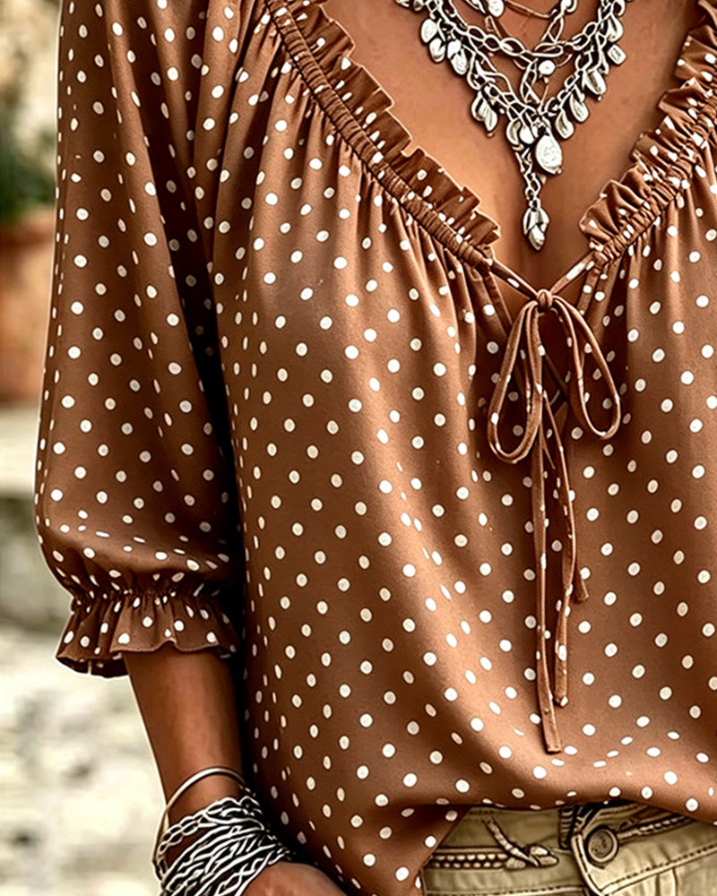 Bluse V-Hals Ruffle Polka Dot Bindebånd