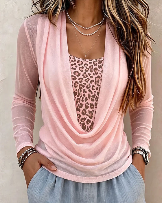Bluse Høj Hals Leopardprint Langærmet