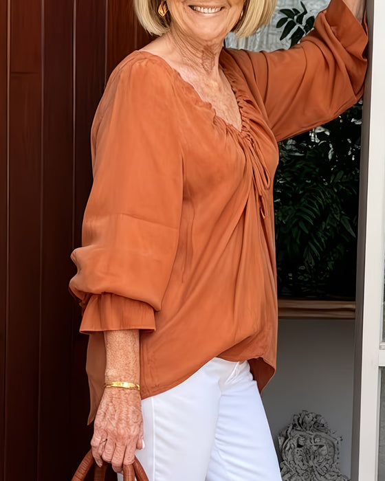 Bluse V-Hals Rynket Bindebånd Casual