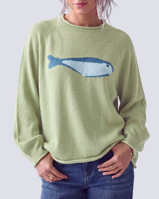 Pullover Rund Hals Fisk Tryk Drop Skulder